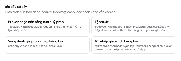 Thẻ Bắt đầu tại đây của một nhật ký mới: broker hoặc nền tảng của quỹ prop, tệp xuất, vòng đánh giá prop nhập bằng tay, hoặc giao dịch nhập tay