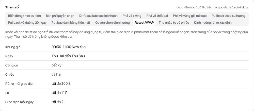 Thẻ Tham số của VWAP retest trong bản demo: 09–11 New York, thứ Hai đến thứ Sáu, rủi ro tối đa $300, lỗ tối đa 1,1 R, tối đa 2 giao dịch mỗi ngày