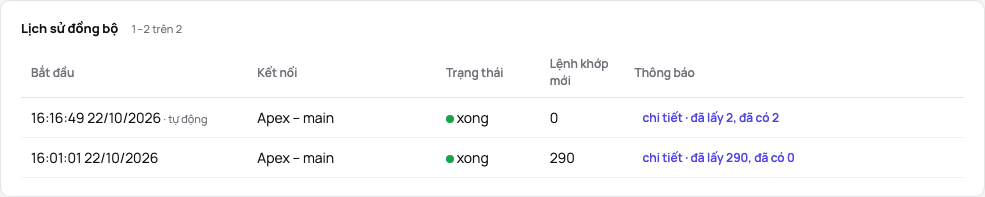 Lịch sử đồng bộ với chi tiết của một lần chạy đang mở: theo tài khoản các lệnh khớp đã tải, mới và đã biết