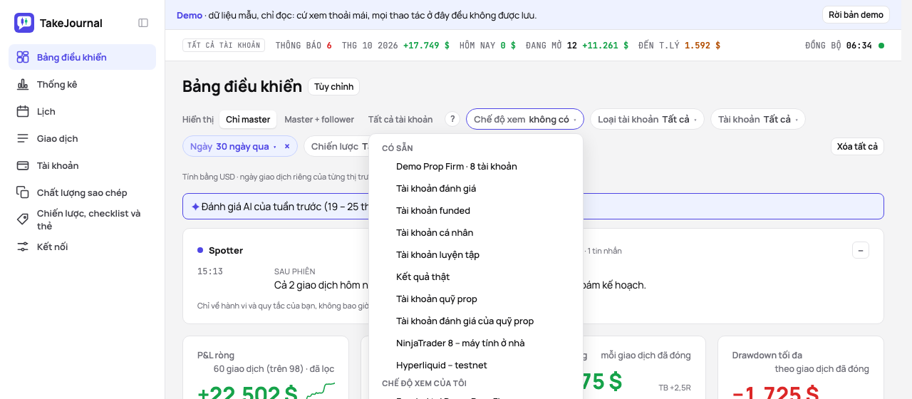 Chip Chế độ xem đang mở trên dashboard: các chế độ xem dựng sẵn từ tài khoản, và chế độ xem của tôi