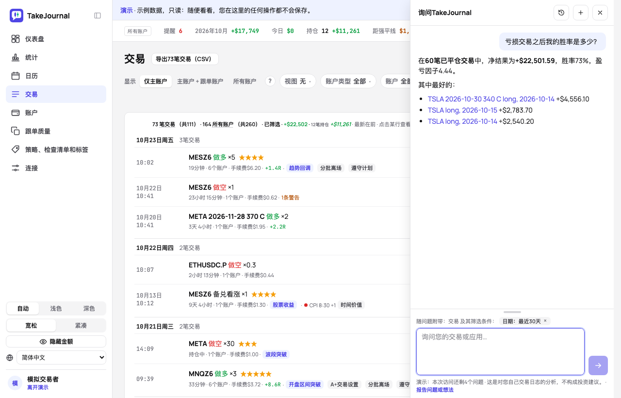 演示交易页面上的AI聊天:以表格比较亏损交易之后与盈利交易之后的胜率