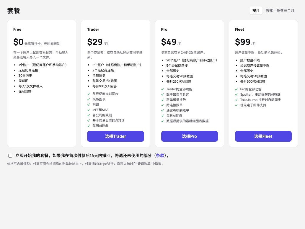 套餐：Free、Trader、Pro和Fleet并排显示，附价格、限制和各自增加的功能，以及立即开始套餐的复选框和增值税说明