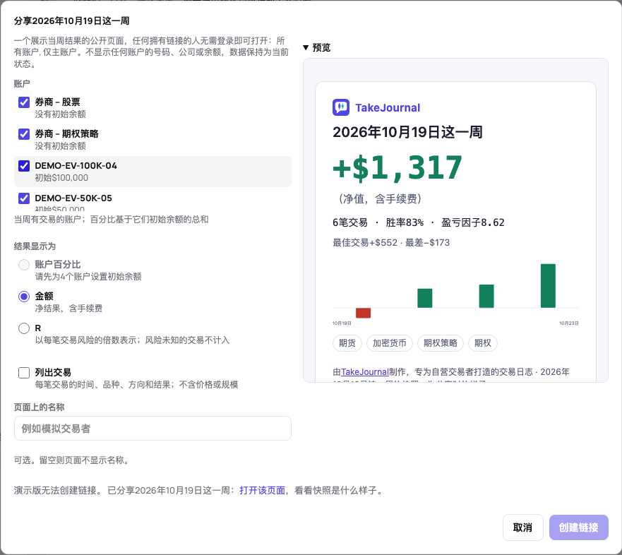 一周的分享对话框:该周有交易的账户、单位、列出交易和名称,旁边是公开页面的预览