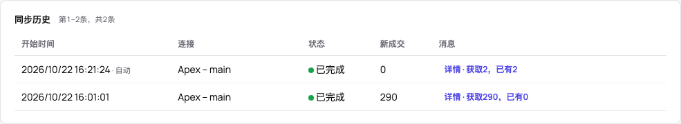 展开某次运行详情的同步历史：按账户显示获取、新增和已知的成交